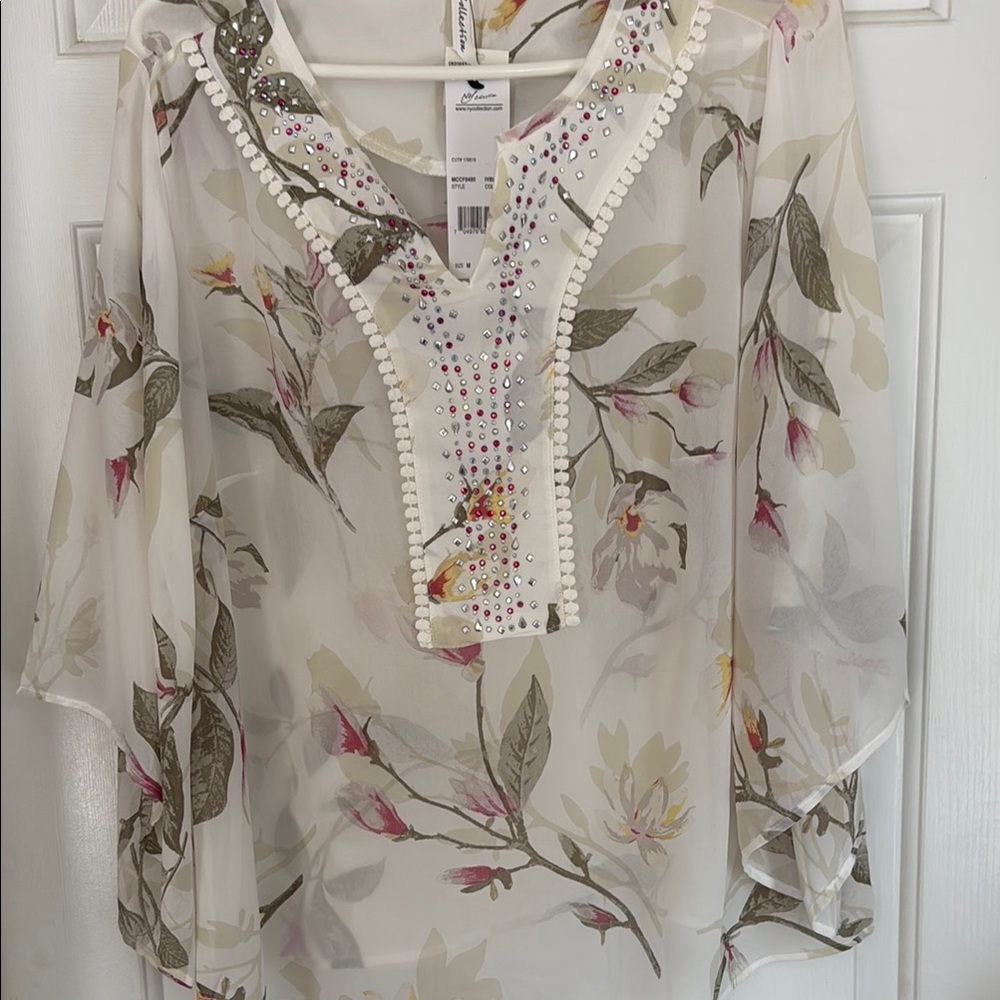Embellished Floral Sheer Tunic Top - Cream